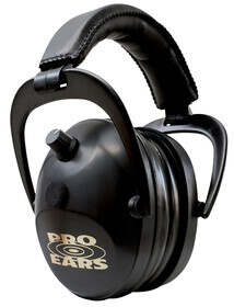 26 dB Gold II electronic muff style ear protection from Pro Ears. Black cups with gold logo.